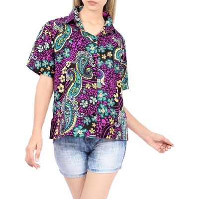 LA LEELA Women's Button Down Short Sleeve Summer Camp Short Sleeves Shirt Hawaiian Club party Casual Tops