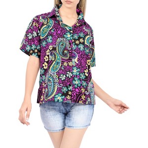 LA LEELA Women's Button Down Short Sleeve Summer Camp Short Sleeves Shirt Hawaiian Club party Casual Tops - 1 of 4