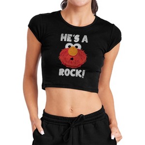 Sesame Streethe'S a Rock Women's Cap Sleeve Baby Rib Crop Top Black - 1 of 4