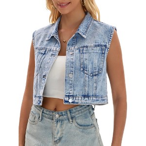 INSPIRE CHIC Women's Turndown Collar Denim Button Down Rhinestones Sleeveless Cropped Jean Jacket - 1 of 4