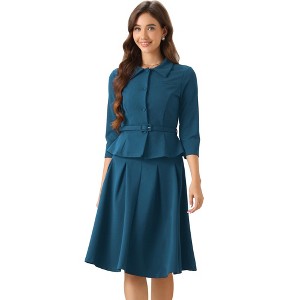 Allegra K Women's Business Office Long Sleeve Blazer Jacket Pleated Skirts 2 Piece Suit Sets Outfits - 1 of 4