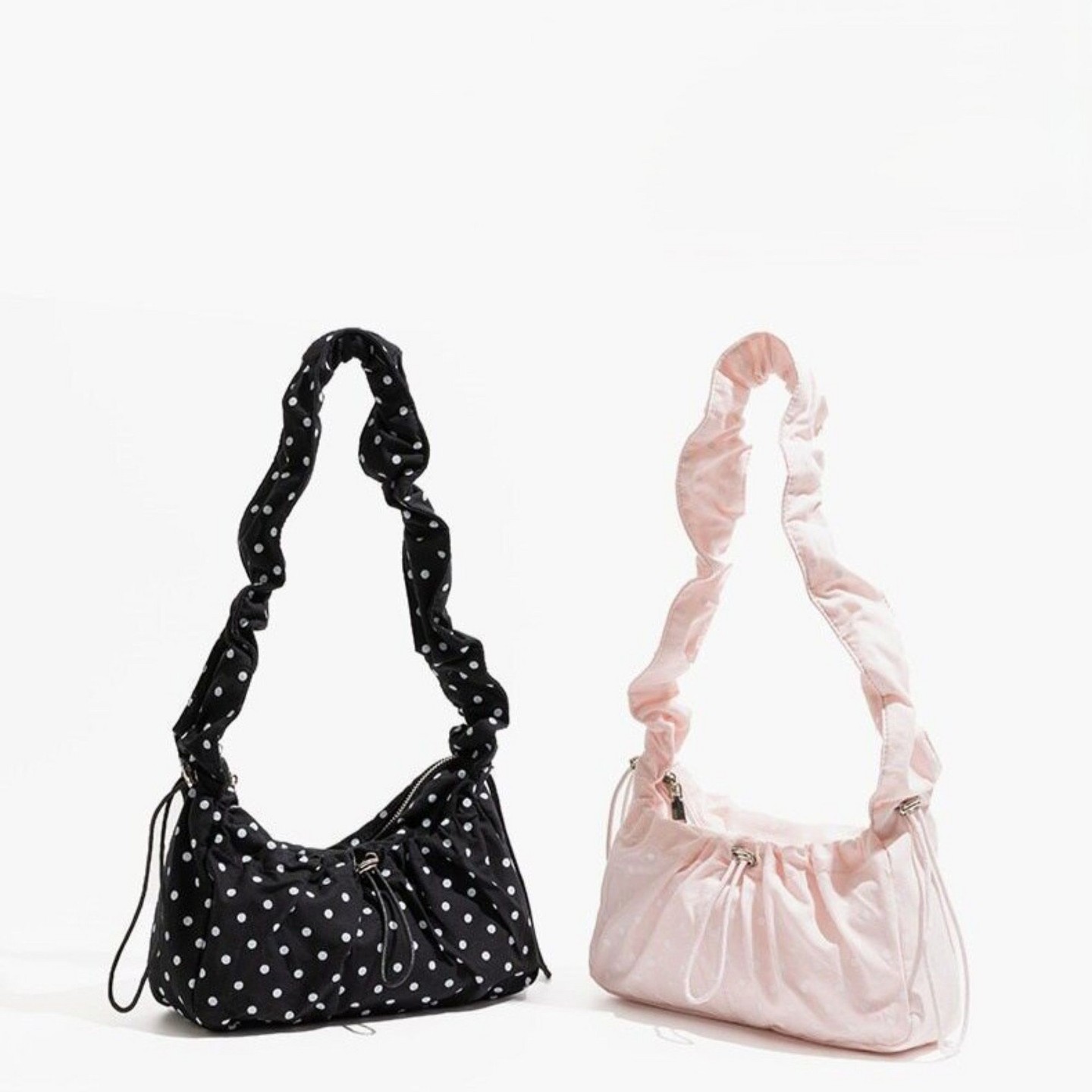 Женская сумка Alilang Polka Dot Cloud Shoulder Ruched Drawstring Underarm Purse Sweet Ruffled Hobo Handbag - Black, цвет: Чёрный — фото 5