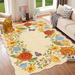 Vintage Floral Scalloped Area Rug Machine Washable Rug Stain Resistant Easy Cleaning Carpet Non Slip Soft Low Pile Folding Floor Cover For Home - 1 of 4