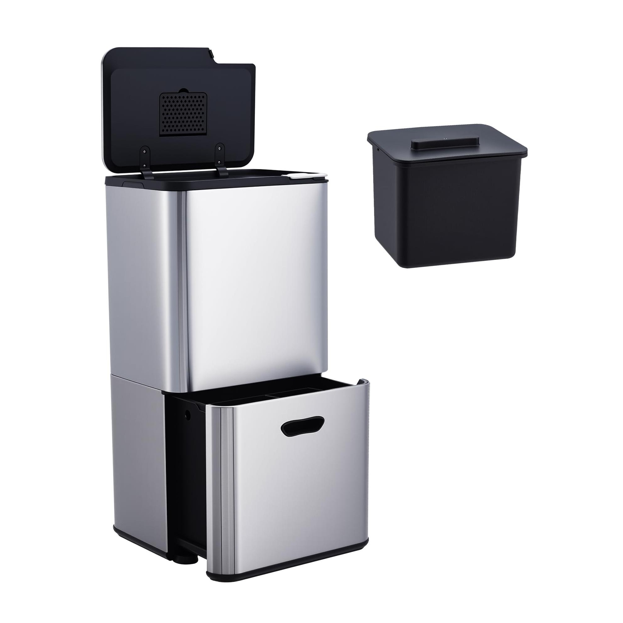 16 Gal Dual Compartment Stainless Steel Trash Can, 2-Section (33L+28L) Kitchen Garbage & Recycle Bin Combo with Compost Bin & Odor Control,silvery