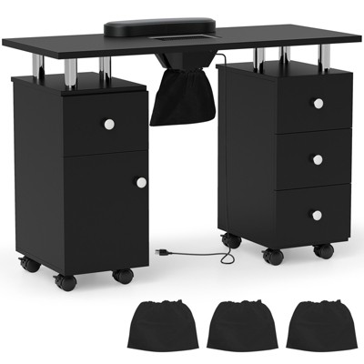 Costway Rolling Manicure Table Nail Desk with with 8 Lockable Wheels & Electric Dust Collector 3 Dust Bags Wrist Rest White/Pink/Black