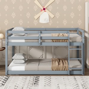 Twin Over Twin Floor Bunk Bed with Ladder and Safety Guardrails - 1 of 4