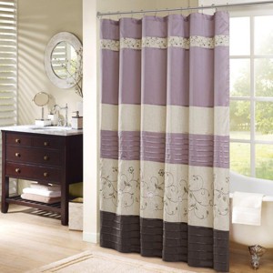 SEVOBAL Shower Curtain Faux Silk with Pintucked Detailing and Floral Embroidery for Elegant Bathroom Decor, Multicolored, 72"*72"*0.13" - 1 of 4