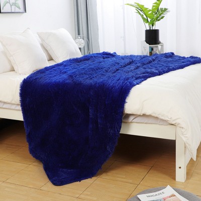 1 Pc Full/Queen Microfiber Leaves Pattern Flannel Fleece Bed Blankets Royal Blue - PiccoCasa