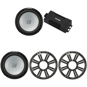 Kicker 48PXA6001 Weatherproof Powersport Mono Amp & (2) 12" 4 Ohm Free-Air Marine Subwoofer ( Charcoal Grill ) - 1 of 4