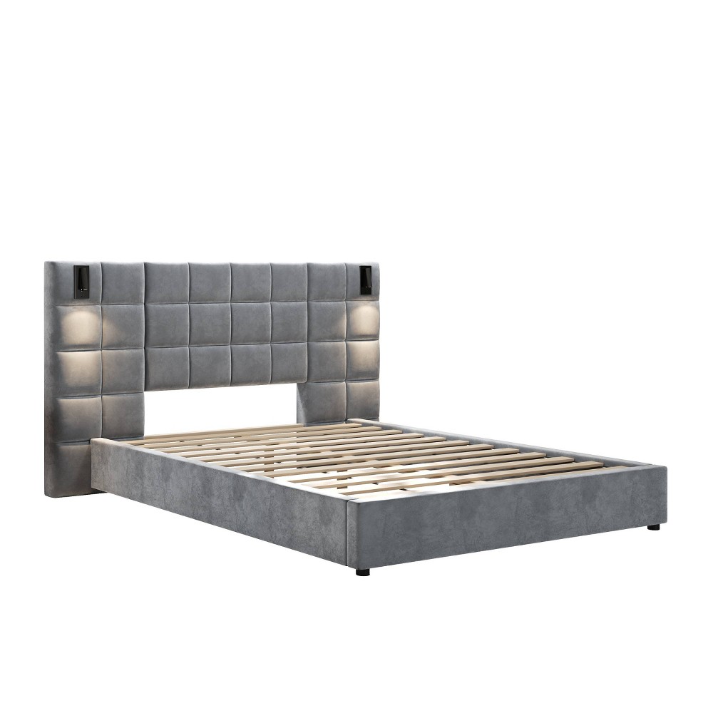 Christopher Knight Home Queen Bed Frame Velvet with USB & Lamp Gray