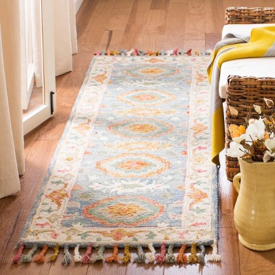 Blue and Ivory Handmade Wool Floral Area Rug