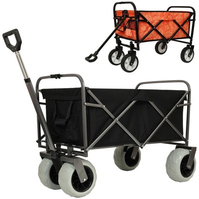 VisioGear 2PCS Fishing Cart with Rod Holders, Beach Wagon with Big Wheels for Sand, Strap with Multiuse Bag, Black&Orange, 44.88"*25.98"*44.49"