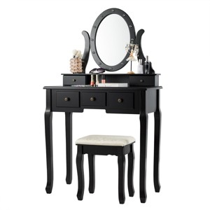 Tangkula Lighted Vanity Mirror Set Makeup Dressing Table w/ 5 Drawers Mirror & 12 LED Bulbs Black - 1 of 4