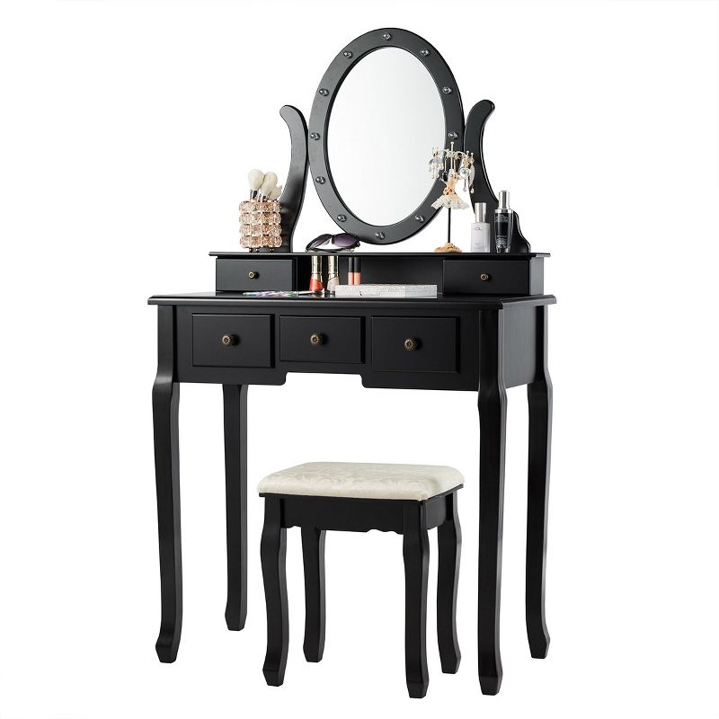 Tangkula Lighted Vanity Mirror Set Makeup Dressing Table w/ 5 Drawers Mirror & 12 LED Bulbs Black, 1 of 8