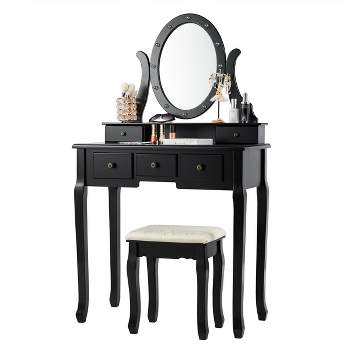 Tangkula Lighted Vanity Mirror Set Makeup Dressing Table w/ 5 Drawers Mirror & 12 LED Bulbs Black