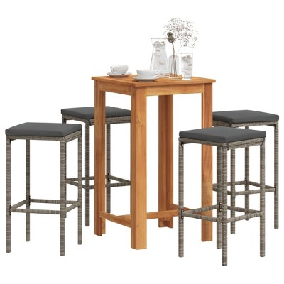 vidaXL Acacia & Poly Rattan 5Pc Patio Bar Set - Gray Outdoor Bar Table and Stools with Comfort Cushions, Footrest, Washable Covers