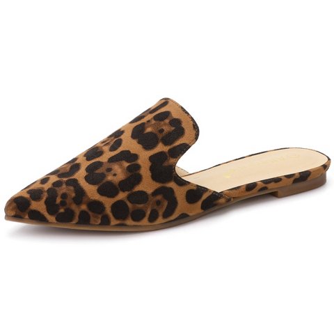 Женские сандалии Allegra K Women's Faux Suede Upper Pointed Closed Toe Slip-On Flat Slides Mules Leopard 7
