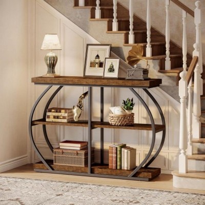 Syemin Console Tables Industrial Console Table, 3-Tier Entryway Table, Rustic Brown Narrow Sofa Accent Table with Storage Brown, 41.34"*11.81"*31.5"