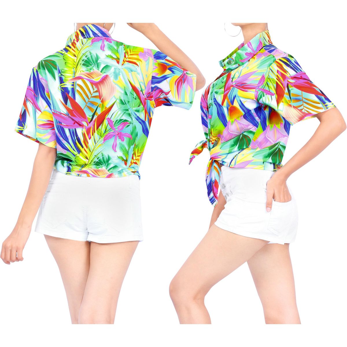 HAPPY BAY Women's Button Down Blouses Casual Summer Beach Party Blouse Shirt Short Sleeve Vacation Button Up Dress Tee Hawaiian Shirts XL Multi,Leaf - thumbnail 2