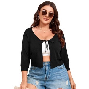 Coolmee Women's Plus Size Bolero Shrug Cropped Cardigan Tie Front Rib Knit Cardigan Sweater - 1 of 4