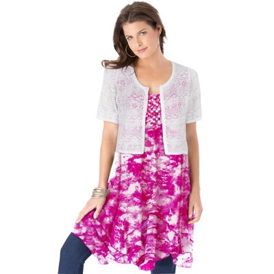 Roaman's Women's Plus Size Cropped Pointelle Short Sleeve Cardigan Sweater
