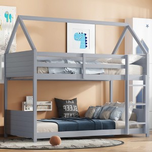 TIRAMISUBEST Twin Over Twin House Floor Bunk Bed with Headboards, Footboards and Guardrails, Ladder, Rubber Wood Bunk Bedframe with Safety Guardrails - 1 of 4