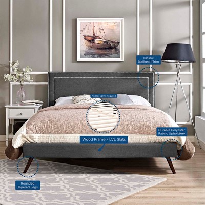Gray Queen Upholstered Platform Bed with Nailhead Trim