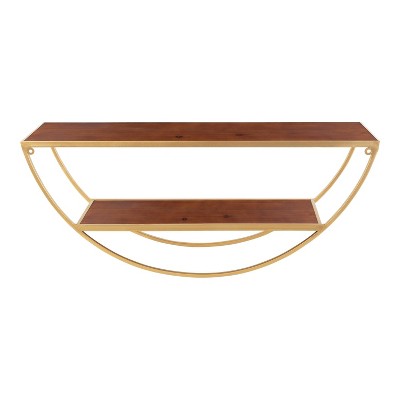 Walnut Brown and Gold Half-Moon Floating Wall Shelf