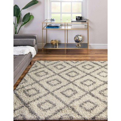Ivory and Gray Square Trellis Shag Synthetic Area Rug