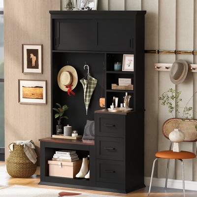 TIRAMISUBEST Modern Entryway Shoe Bench with 3 Hooks, 40.2'' Wide Hall Tree With Sliding Doors, 3 Shelves and Drawers