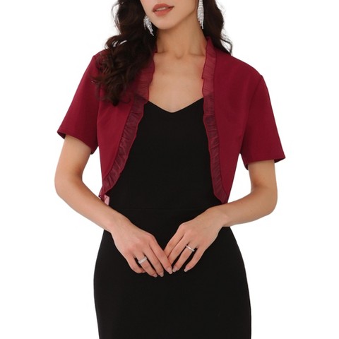 INSPIRE CHIC Women's Ruffle Short Sleeve Open Front Shrug Dark Red Small