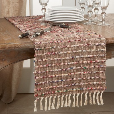 Beige and Multicolor Cotton Table Runner with Fringe