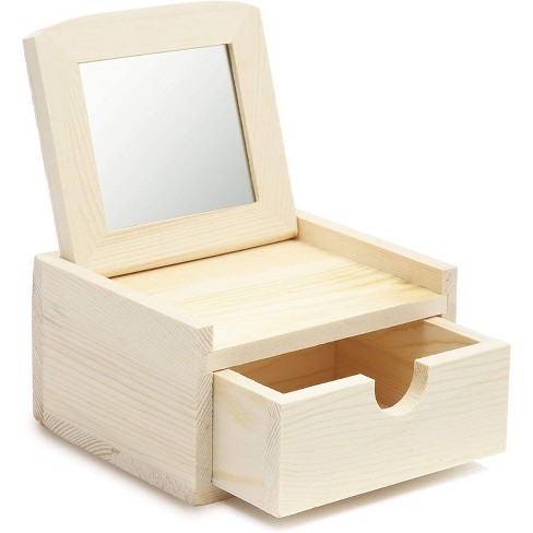 Unfinished Wood Jewelry Box With Mirror, Wooden Jewelry Box With Mirror