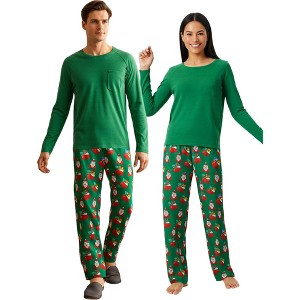 cheibear Family Christmas Santa Print Long Sleeve Top and Pants Pajama Set Green - 1 of 4
