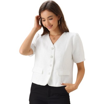 INSPIRE CHIC Women's Tweed Collarless Office Cropped V Neck Short Sleeve Blazer
