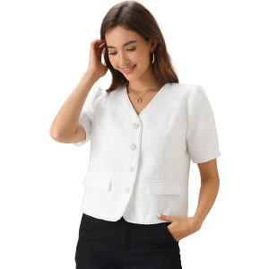 INSPIRE CHIC Women's Tweed Collarless Office Cropped V Neck Short Sleeve Blazer - 1 of 4