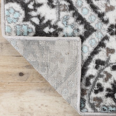 Turquoise Floral Damask Stain-Resistant Synthetic Area Rug 2' x 3'