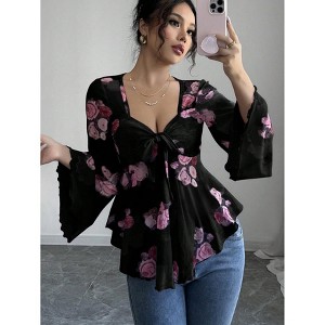 Women's Bow Tie Front Floral Mesh Cute Tops Bell Sleeve Ruffle Peplum Dressy T Shirt Going Out Outfits - 1 of 4