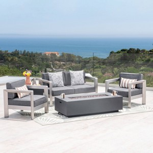 Pismo 5pc Aluminum Chat Set with Fire Pit - Silver/Dark Gray - Christopher Knight Home - 1 of 4