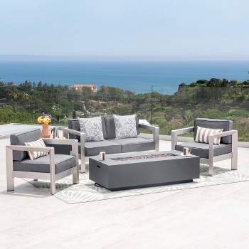 Pismo 5pc Aluminum Chat Set with Fire Pit - Silver/Dark Gray - Christopher Knight Home