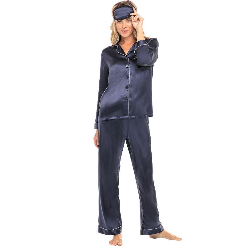 ADR Women's Satin Pajamas Set, Button Down Long Sleeve Top and Pants with Pockets, Silk like PJs with Matching Sleep Mask, 1 of 8