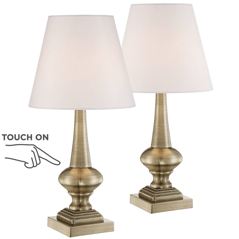 360 Lighting Traditional Accent Table Lamps 19" High Set of 2 Antique Brass Metal Touch On Off White Bell Fabric Shade for Bedroom Living Room Bedside, 1 of 10
