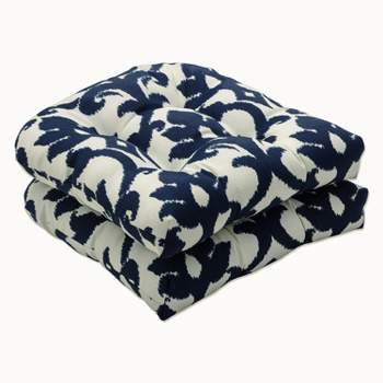Outdoor 2-Piece Wicker Seat Cushion Set - Blue/White Damask - Pillow Perfect