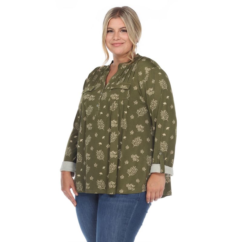 Plus Size Pleated Long Sleeve Leaf Print Blouse, 2 of 6