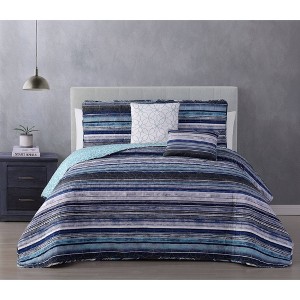 Full/Queen 5pc Hartley Stripe Quilt Set Blue - Geneva Home Fashion: Microfiber, Reversible, Includes Decorative Pillows - 1 of 3