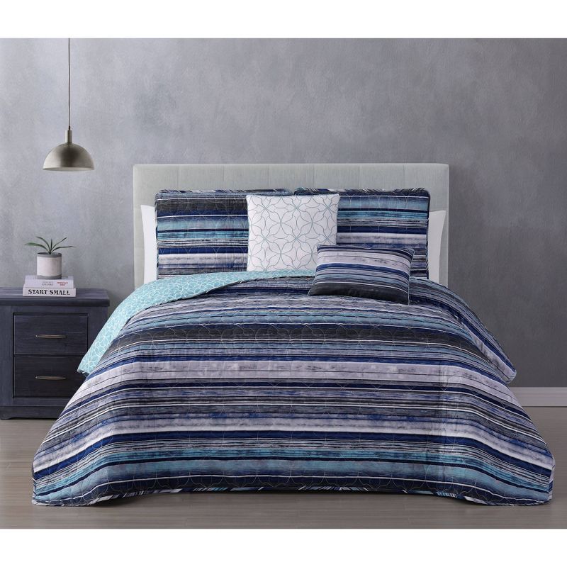Full/Queen 5pc Hartley Stripe Quilt Set Blue - Geneva Home Fashion, 1 of 4