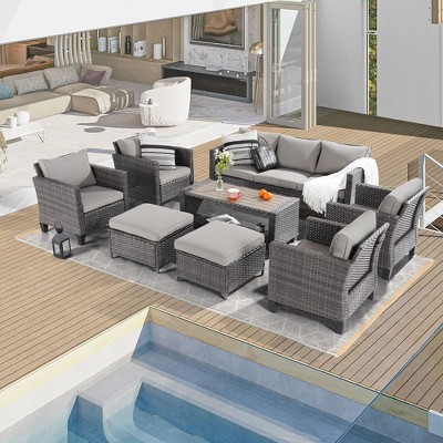 Sonkuki 8-Piece Patio Conversation Set with Ottoman and Side Table, Navy Blue Cushion
