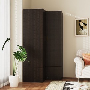 Famapy Brown Corner Wardrobe Double Door Two Drawer Wardrobe Organiser with Hanging Bar - 1 of 4