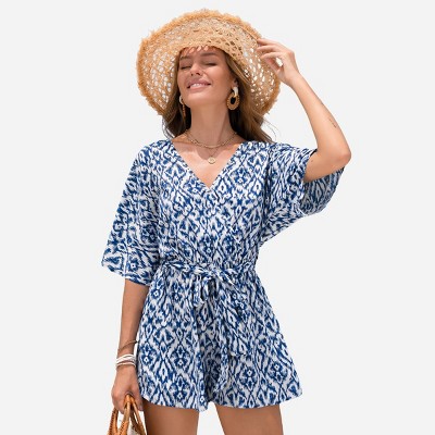 Women's Blue and White Bohemian Print Drawstring Romper - Cupshe