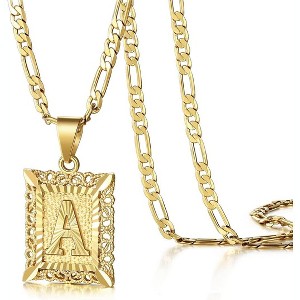 A-Z Initial Letter Necklace: 14K Gold Plated Square Monogram Pendant On Figaro Chain, Unisex Personalized Jewelry Gift - 1 of 4